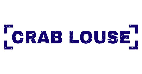 CRAB LOUSE tag seal print with distress style. Text tag is placed inside corners. Blue vector rubber print of CRAB LOUSE with retro texture.