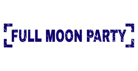 FULL MOON PARTY text seal print with grunge style. Text label is placed inside corners. Blue vector rubber print of FULL MOON PARTY with grunge texture.