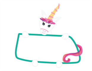 Cute vector unicorn holding White sign with Green frame