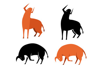Set of bull icon in silhouette and flat, vector