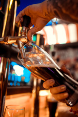 Hand of bartender pouring a large lager beer in tap.