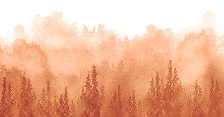 Obraz premium Watercolor art illustration. Drawing of the red, yellow, orange forest, pine tree, spruce, cedar. Dark, dense forest, suburban landscape. A beautiful burst of paint orange. Postcard, logo, card