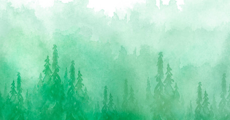 Watercolor group of trees - fir, pine, cedar, fir-tree. green forest, landscape, forest landscape. Drawing on white isolated background. Misty forest in haz. Ecological poster. Watercolor painting