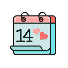 Valentines day calendar flat icon. February 14 of Saint Valentines day. Colorful calendar icon isolated on white background.