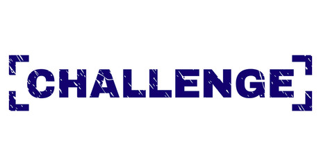 CHALLENGE label seal print with distress effect. Text label is placed inside corners. Blue vector rubber print of CHALLENGE with grunge texture.