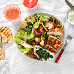 Food bowl fresh salad chicken steak vegetables top view Healthy food