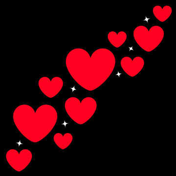 Red heart icon set moving line. Happy Valentines day sign symbol simple template. Cute graphic object. Shining sparkle stars. Flat design style. Love greeting card. Isolated. Black background.