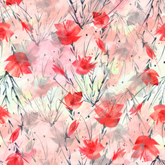Vintage seamless watercolor pattern of plants, Herbs, flowers, poppy, rose, peony. red, yellow flowers watercolor.  stylish pattern. Abstract paint splash. Trendy background, grunge. 