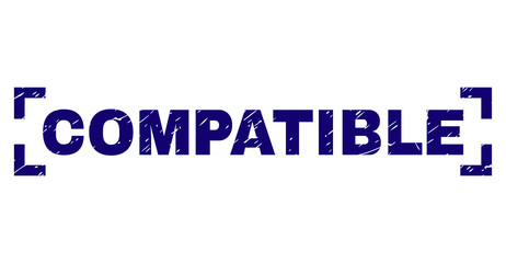 COMPATIBLE text seal watermark with distress texture. Text label is placed between corners. Blue vector rubber print of COMPATIBLE with dirty texture.