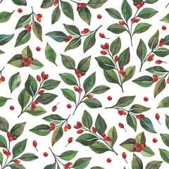 Seamless pattern with watercolor green leaves and red berries of barberry, hand-drawn image. The background is perfect for fabric, paper and background for websites etc.