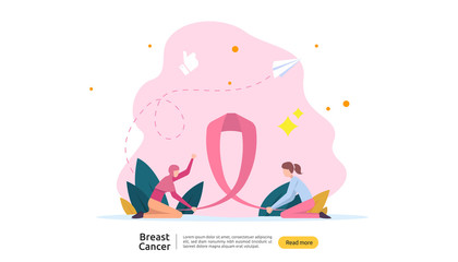 breast cancer day Awareness month concept with pink ribbon and female cartoon character together for love and support. web landing page template, banner, social, and print media. Vector illustration.