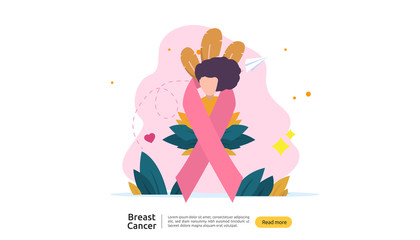 breast cancer day Awareness month concept with pink ribbon and female cartoon character together for love and support. web landing page template, banner, social, and print media. Vector illustration.
