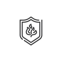 Shield with fire flame line icon. linear style sign for mobile concept and web design. Fire protection shield outline vector icon. Symbol, logo illustration. Pixel perfect vector graphics