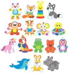 Collection of funny and colorful toy animals, vector illustrations in a cartoon style