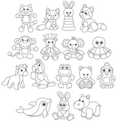 Collection of funny toy animals, black and white vector illustrations in a cartoon style for a coloring book