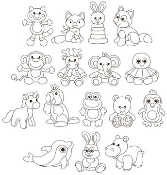 Collection of funny toy animals, black and white vector illustrations in a cartoon style for a coloring book