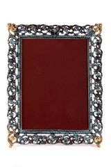 Vintage gold and blue photo frames on white background