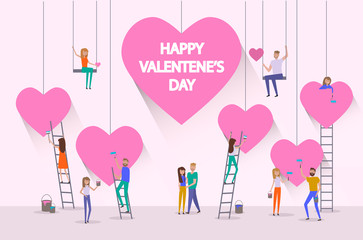 Valentine's day poster, banner, Sale poster with  large hearts and small people around decorating the hearts. Editable vector illustration