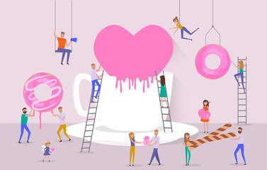 Valentine's day poster, banner, Sale poster with big cup with heart, candy and small people around them. Editable vector illustration 