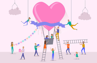 Valentine's day poster, banner, Sale poster with large air balloon with hearts and small people around them. Editable vector illustration 