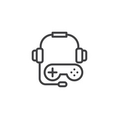 Gaming headphones and joystick line icon. linear style sign for mobile concept and web design. Headphones and game controller outline vector icon. Symbol, logo illustration. Pixel perfect vector 