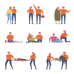 A character set showing what paramedics do. flat design vector graphic style concept illustration.