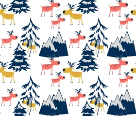 Papier peint Petit cerf Modèle d& 39 hiver sans couture. Cerf de dessin animé dans la forêt d& 39 hiver.