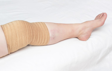 Medical kneecap for fixing the sore knee from osteoarthritis and other diseases, close-up, copy...