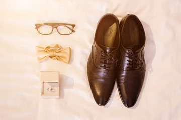 groom accessories preparation for wedding concept.