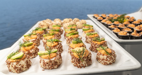 Sushi and blue sea as a background