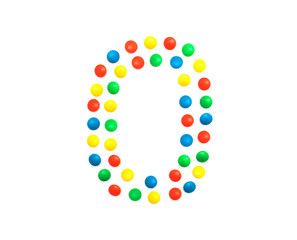 Children's numbers laid out from a multi-colored mosaic figure number 0, alphabet