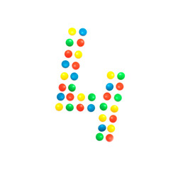 Children's numbers laid out from a multi-colored mosaic figure number 4, alphabet