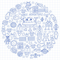 Vector set of space elements icons in doodle style. Painted, drawn with a pen, on a sheet of checkered paper on a white background.
