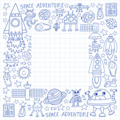 Fototapeta premium Vector set of space elements icons in doodle style. Painted, drawn with a pen, on a sheet of checkered paper on a white background.