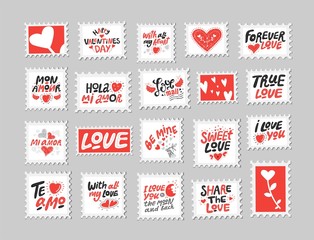 Love post stamps set. Love quotes, sayings