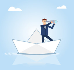 Businessman stands in boat and holds spyglass, watching forward. Business direction concept. Flat design vector illustration