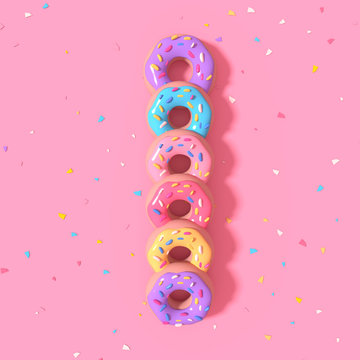 Sweet donuts on pink background. 3d rendering picture.