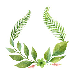 Watercolor vector wreath with green branches and leaves isolated on white background.