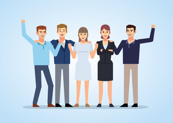 Obraz premium Cheerful people celebrating, successful team. Flat design vector illustration