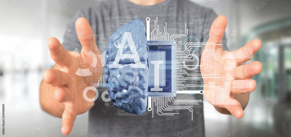 Poster business man holding artificial intelligence icon with half brain and half circuit 3d rendering