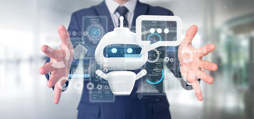 Businessman holding Chatbot with binary code, message and data 3d rendering