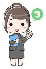  	手で数字の3を表している書類を持ったスーツの女性（全身/数字あり）