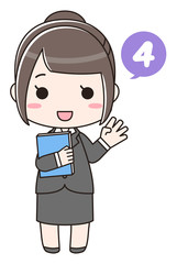  	手で数字の4を表している書類を持ったスーツの女性（全身/数字あり）