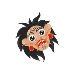Rangda mask with black hair, sharp teeth and large canines. Balinese demon. Mythological creature. Flat vector icon