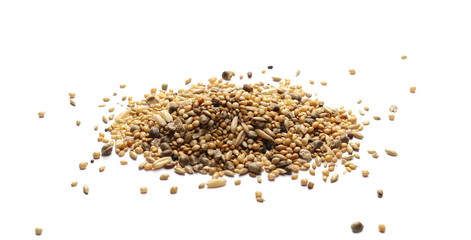 Mixed bird seeds, millet pile isolated on white background