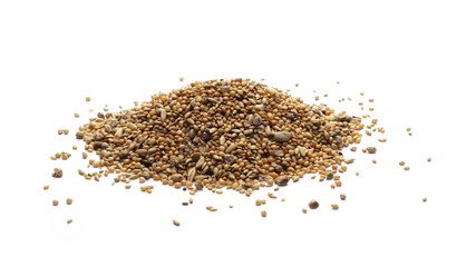 Mixed bird seeds, millet pile isolated on white background