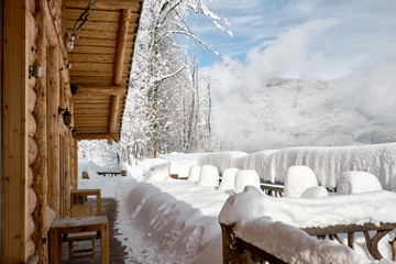 Panorama of the snow mountain from a balcony