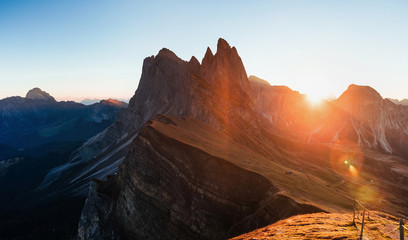Amazing background. Outstanding landscape of the majestic Seceda dolomite mountains at daytime. Panoramic photo
