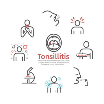 Tonsillitis banner. Symptoms, Treatment. Line icons set. Vector signs for web graphics.