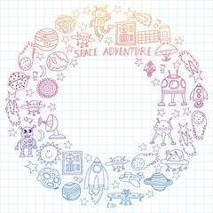 Fototapeta premium Vector set of space elements icons in doodle style. Painted, colorful, gradient, on a sheet of checkered paper on a white background.
